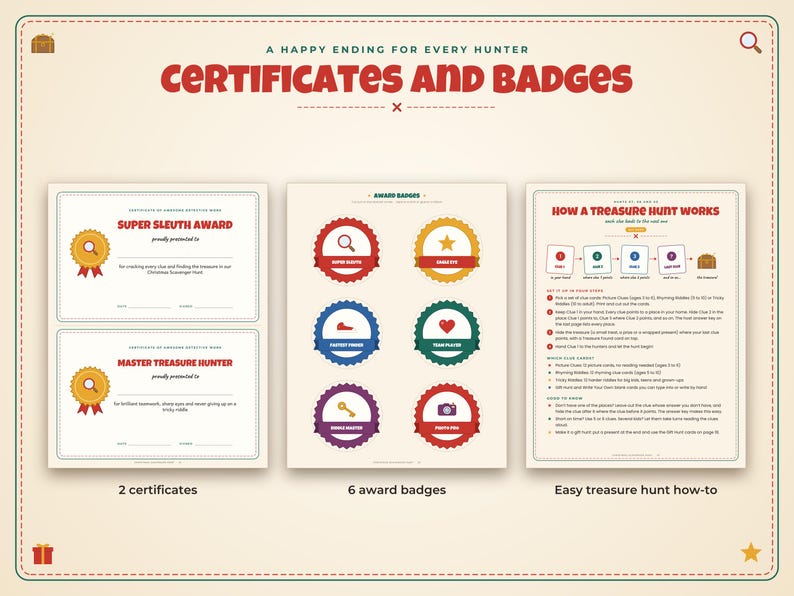 Puede incluir: Un conjunto imprimible que incluye dos certificados titulados Super Sleuth Award y Master Treasure Hunter, seis insignias de premio circulares de colores con iconos y una hoja de instrucciones titulada How a Treasure Hunt Works.