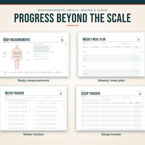 Pode incluir: Uma p&aacute;gina de planejador digital intitulada Progress Beyond The Scale com quatro se&ccedil;&otilde;es: medidas corporais com um diagrama de figura humana, plano de refei&ccedil;&otilde;es semanal, rastreador de &aacute;gua com &iacute;cones de gotas e um rastreador de sono.
