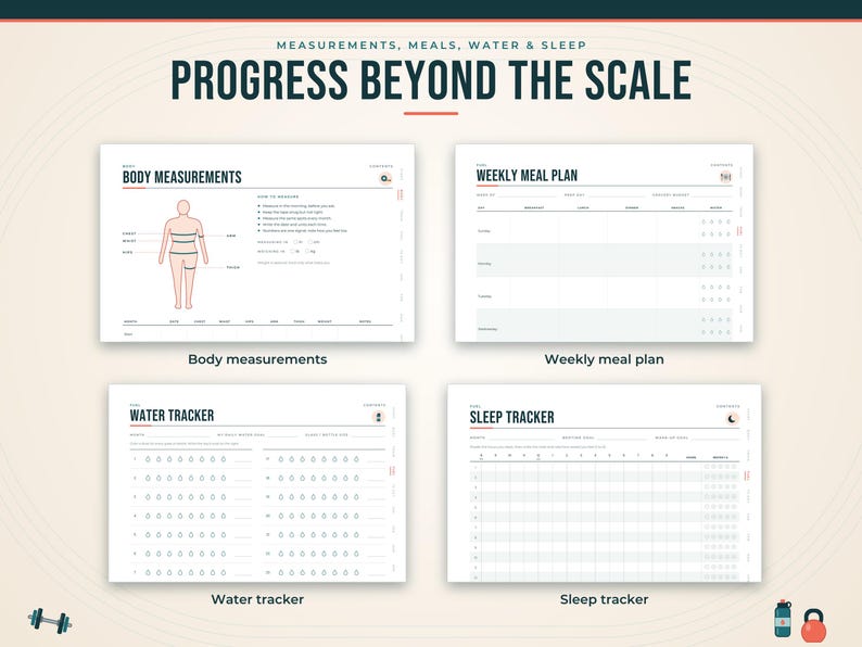 Pode incluir: Uma p&aacute;gina de planejador digital intitulada Progress Beyond The Scale com quatro se&ccedil;&otilde;es: medidas corporais com um diagrama de figura humana, plano de refei&ccedil;&otilde;es semanal, rastreador de &aacute;gua com &iacute;cones de gotas e um rastreador de sono.