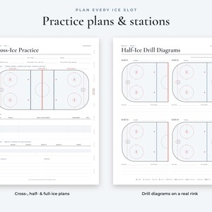 May include: Two white planning sheets for ice hockey coaches. The left sheet is titled Cross-Ice Practice with a rink diagram and station fields. The right sheet is titled Half-Ice Drill Diagrams with four rink diagrams for drill planning.