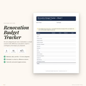May include: A white document titled "Renovation Budget Tracker - Sheet 1" with a dark blue header. The document includes sections for estimated and actual costs, with 15 cost categories per room. Text includes "Renovation Budget Tracker" and "15% contingency."