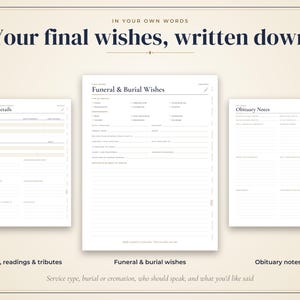 May include: Three white printable planner pages with dark text. The center page is titled Funeral & Burial Wishes, the left page is titled Service Details, and the right page is titled Obituary Notes. Each page features lines and checkboxes for recording personal end-of-life preferences.