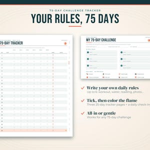 Pode incluir: Um conjunto de rastreador de desafio de 75 dias com duas p&aacute;ginas impressas em fundo branco, texto escuro e &iacute;cones de chama laranja. Uma p&aacute;gina &eacute; uma lista de verifica&ccedil;&atilde;o di&aacute;ria de 75 linhas, a outra &eacute; uma folha de regras para h&aacute;bitos.