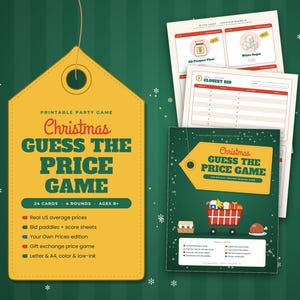 K&ouml;nnte beinhalten: Ein druckbares Weihnachtsspiel Christmas Guess The Price Game mit einem gro&szlig;en gelben, etikettenf&ouml;rmigen Schild mit gr&uuml;nem Text sowie Spielb&ouml;gen mit Lebensmitteln, Gebotspaddeln und Punktelisten auf einem gr&uuml;nen Hintergrund.