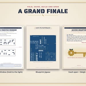 K&ouml;nnte beinhalten: Ein dreiteiliges R&auml;tselset mit dem Titel A GRAND FINALE, bestehend aus The Frosted Window mit abstrakten Linienmustern, einem blauen Lock B: The Vault Blueprint Puzzle und einer Access Granted Seite mit goldener Schl&uuml;sselgrafik.