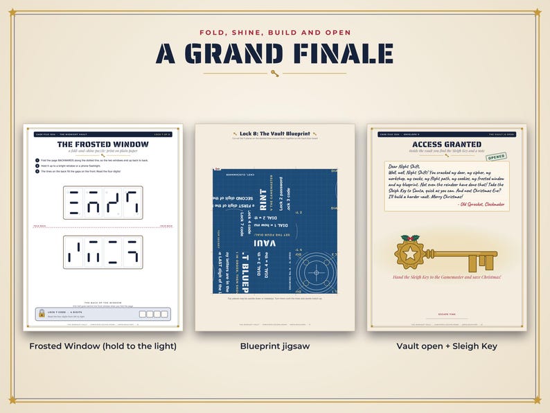 K&ouml;nnte beinhalten: Ein dreiteiliges R&auml;tselset mit dem Titel A GRAND FINALE, bestehend aus The Frosted Window mit abstrakten Linienmustern, einem blauen Lock B: The Vault Blueprint Puzzle und einer Access Granted Seite mit goldener Schl&uuml;sselgrafik.
