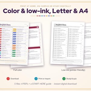 May include: A digital study guide titled Drug Name Stems, featuring two versions: a full-color document with color-coded categories and a low-ink, printer-friendly black and white version. The layout includes text, lists, and instructional icons.