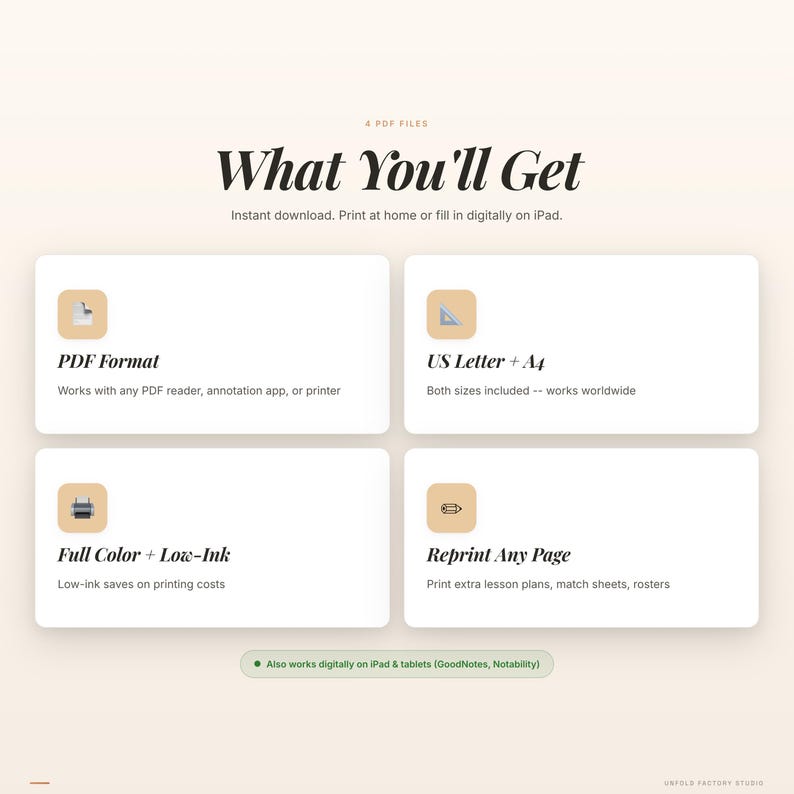 Może przedstawiać: Grafika informacyjna produktu cyfrowego z tytułem "What You'll Get". Obraz wyświetla cztery sekcje: Format PDF, US Letter + A4, Pełny kolor + Niska zawartość tuszu i Ponowne drukowanie dowolnej strony. Tekst wskazuje na natychmiastowe pobranie.
