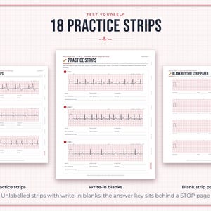 May include: Three pages of ECG practice strips on grid paper. The centre page is titled 18 PRACTICE STRIPS and features three strips with rhythm tracings and write-in blanks. The left page shows practice strips, and the right page shows blank rhythm strip paper.