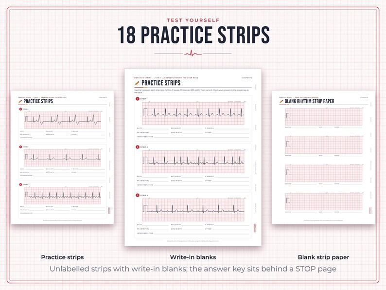 May include: Three pages of ECG practice strips on grid paper. The centre page is titled 18 PRACTICE STRIPS and features three strips with rhythm tracings and write-in blanks. The left page shows practice strips, and the right page shows blank rhythm strip paper.