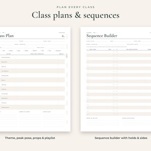 May include: Two white printable planner pages with black text. The left page is titled Class Plan and includes sections for date, theme, and pose focus. The right page is titled Sequence Builder with numbered rows for poses, holds, and sides.