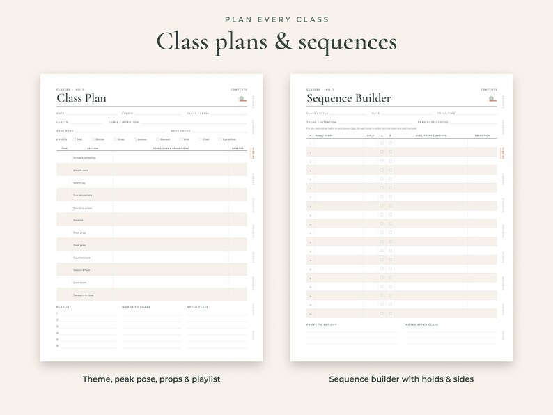 May include: Two white printable planner pages with black text. The left page is titled Class Plan and includes sections for date, theme, and pose focus. The right page is titled Sequence Builder with numbered rows for poses, holds, and sides.