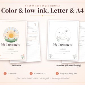 May include: A digital binder template titled My Treatment featuring a sun and flower graphic. The set includes a full-color version and a low-ink printer-friendly version. Text includes Print at home or use digitally, Color & low-ink, Letter & A4, Download, Print or import, and Bring it to every visit.
