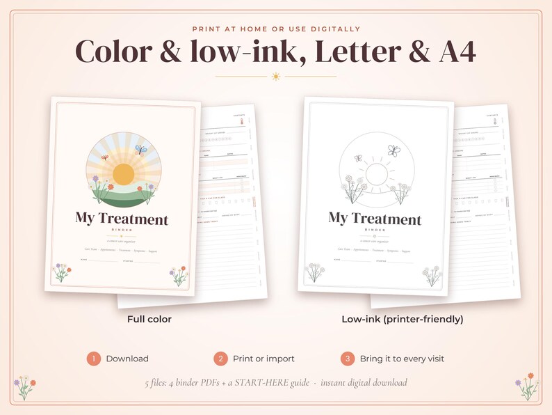 May include: A digital binder template titled My Treatment featuring a sun and flower graphic. The set includes a full-color version and a low-ink printer-friendly version. Text includes Print at home or use digitally, Color & low-ink, Letter & A4, Download, Print or import, and Bring it to every visit.