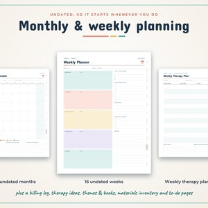 May include: A digital planner set featuring a monthly calendar, a weekly planner with pastel colour-coded sections, and a weekly therapy plan. The text reads Monthly & weekly planning, Undated, so it starts whenever you do, 12 undated months, 16 undated weeks, and Weekly therapy plans (x4).