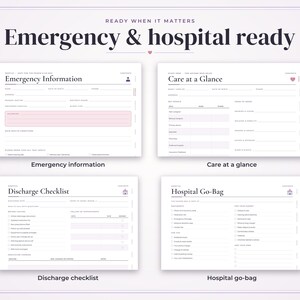 May include: A set of four white digital planner pages titled Emergency & hospital ready. The pages include Emergency Information, Care at a Glance, Discharge Checklist, and Hospital Go-Bag, featuring black text, lines for data entry, and small icons.