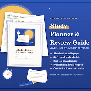 May include: A digital study planner and review guide for NCLEX-RN prep on a blue background. The document features 59 typeable pages, 8 and 12-week schedules, 2026 test plan categories, a question log, and a weak-area tracker in letter size.