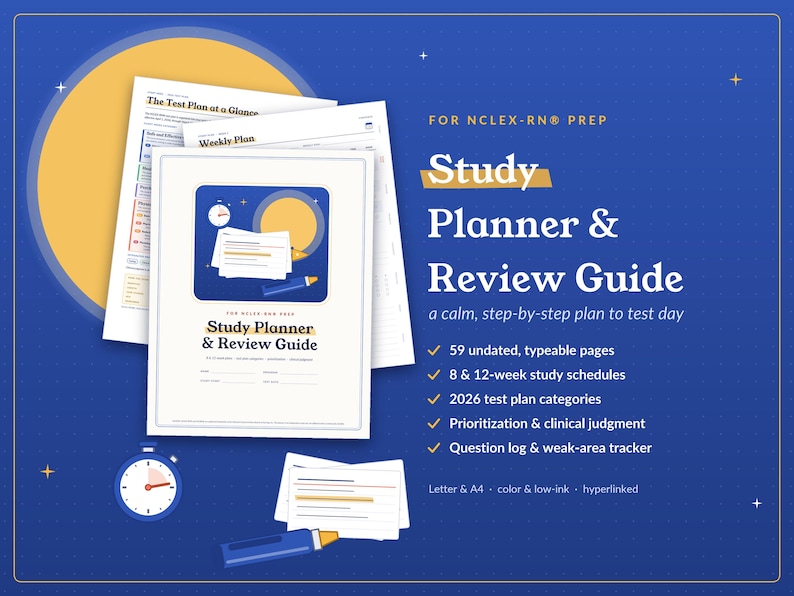 May include: A digital study planner and review guide for NCLEX-RN prep on a blue background. The document features 59 typeable pages, 8 and 12-week schedules, 2026 test plan categories, a question log, and a weak-area tracker in letter size.