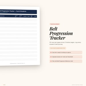 May include: A white and navy blue "Belt Progression Tracker" planner for youth students. The planner includes sections for student names, belt levels, testing dates, and results. The text "Track Every Student" is visible.