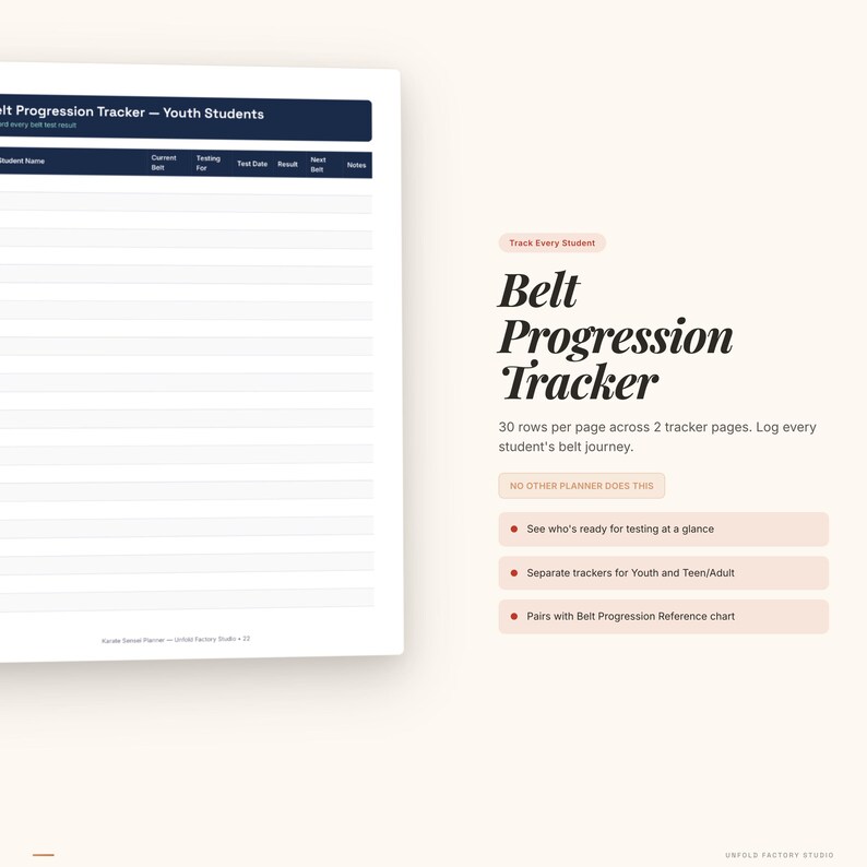 May include: A white and navy blue "Belt Progression Tracker" planner for youth students. The planner includes sections for student names, belt levels, testing dates, and results. The text "Track Every Student" is visible.