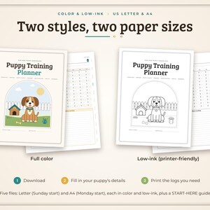 May include: A digital puppy training planner set featuring two styles: a full-colour version and a low-ink printer-friendly version. Each planner includes a cover page with a dog illustration, a doghouse, and a sun, plus interior log pages.