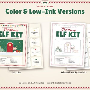 May include: A printable Christmas Elf Kit featuring two versions: a full-color sheet with a green, red, and white illustration of an elf door and a printer-friendly low-ink outline version. Both sheets include text, lists of kit contents, and activity cards.
