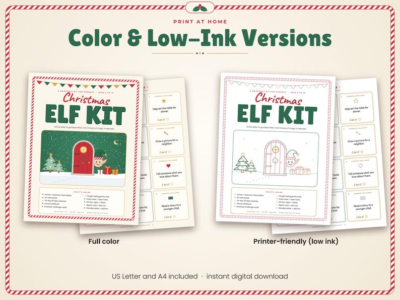 May include: A printable Christmas Elf Kit featuring two versions: a full-color sheet with a green, red, and white illustration of an elf door and a printer-friendly low-ink outline version. Both sheets include text, lists of kit contents, and activity cards.