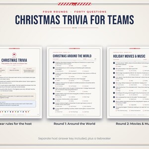 Puede incluir: Un juego de trivia navide&ntilde;a para equipos que consta de tres hojas impresas. La primera hoja detalla las reglas para el anfitri&oacute;n, mientras que la segunda y tercera hoja contienen preguntas de opci&oacute;n m&uacute;ltiple sobre Navidad en el mundo y cine y m&uacute;sica.