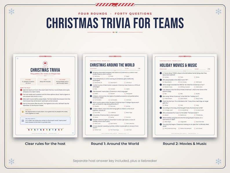 Puede incluir: Un juego de trivia navide&ntilde;a para equipos que consta de tres hojas impresas. La primera hoja detalla las reglas para el anfitri&oacute;n, mientras que la segunda y tercera hoja contienen preguntas de opci&oacute;n m&uacute;ltiple sobre Navidad en el mundo y cine y m&uacute;sica.