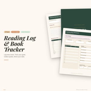 以下が含まれることがあります： クリーム色の背景に、Reading Log & Book Tracker。タイトルは太字のセリフ体です。トラッカーには、本の記録、目標の追跡、引用の収集、統計の共有のためのページが含まれています。チャート付きの2つの開いたノートブックもあります。