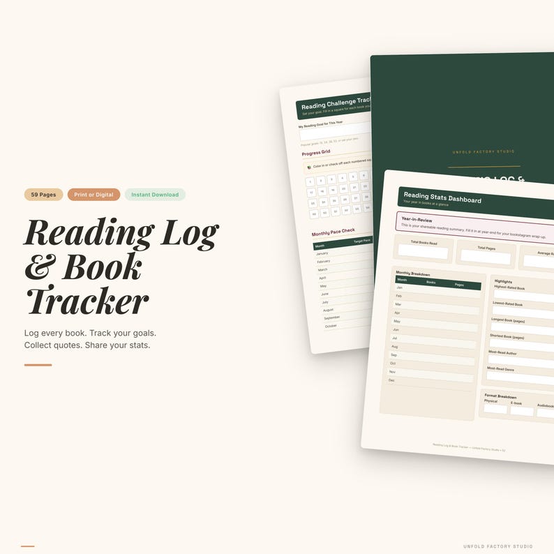 以下が含まれることがあります： クリーム色の背景に、Reading Log & Book Tracker。タイトルは太字のセリフ体です。トラッカーには、本の記録、目標の追跡、引用の収集、統計の共有のためのページが含まれています。チャート付きの2つの開いたノートブックもあります。