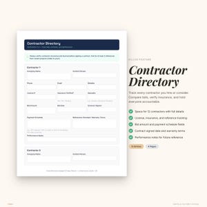 May include: A white Contractor Directory form with a dark blue header. The form includes fields for contractor information, bid details, and payment schedules. Text on the right side highlights features like license tracking and performance notes.