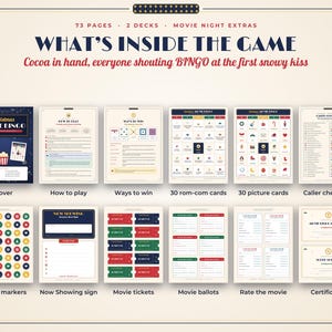 May include: A Christmas movie bingo game set featuring 73 pages and 2 decks. The display shows a cover, instructions, winning patterns, 30 rom-com cards, 30 picture cards, caller checklists, bingo markers, signs, tickets, ballots, and certificates.