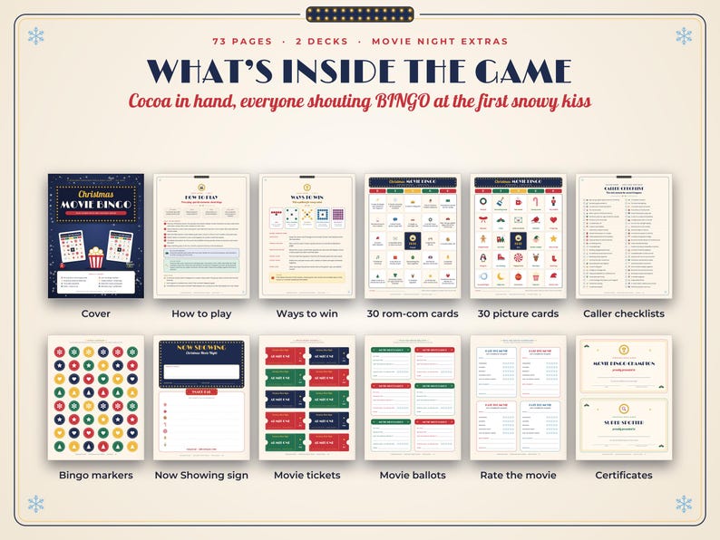 May include: A Christmas movie bingo game set featuring 73 pages and 2 decks. The display shows a cover, instructions, winning patterns, 30 rom-com cards, 30 picture cards, caller checklists, bingo markers, signs, tickets, ballots, and certificates.