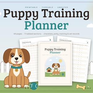 May include: A digital puppy training planner featuring 49 pages and 11 tabbed sections including checklists, potty logs, and vet records. The cover displays a brown and white puppy illustration with the text Puppy Training Planner.