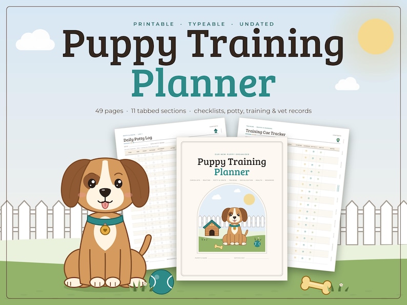 May include: A digital puppy training planner featuring 49 pages and 11 tabbed sections including checklists, potty logs, and vet records. The cover displays a brown and white puppy illustration with the text Puppy Training Planner.
