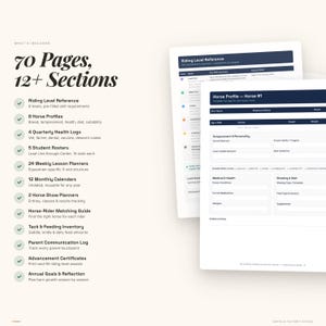 Pu&ograve; includere: Documento bianco con il testo "Horse Profile - Horse #1" e un elenco di funzionalit&agrave; tra cui "Riding Level Reference", "Horse Profiles" e "Quarterly Health Logs". Il documento fa parte di un pianificatore equestre di 70 pagine e oltre 12 sezioni.