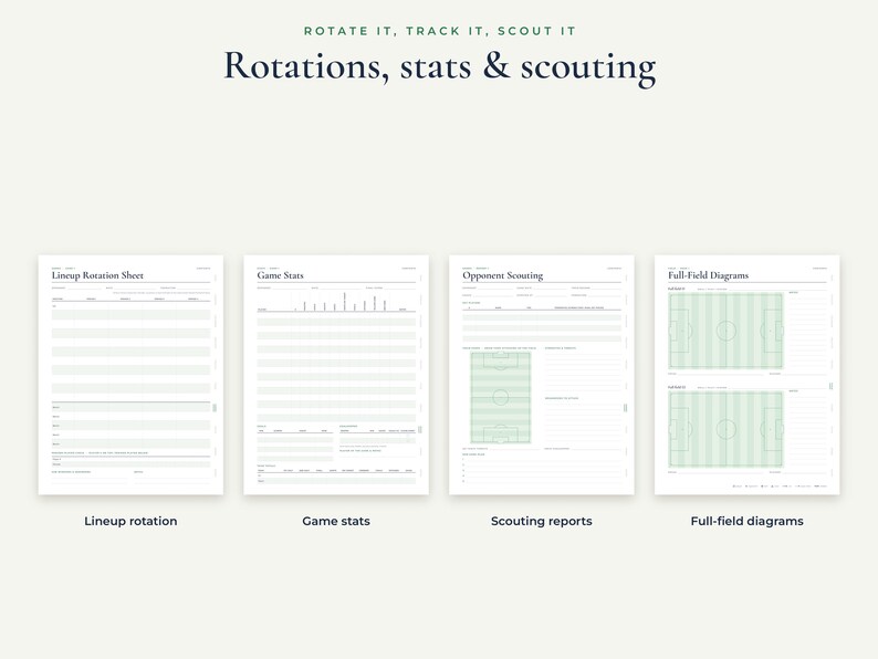 May include: A set of four printable sports planning sheets titled Rotations, stats & scouting. The pages include a Lineup Rotation Sheet, Game Stats, Opponent Scouting with a soccer field diagram, and Full-Field Diagrams with two soccer pitches.