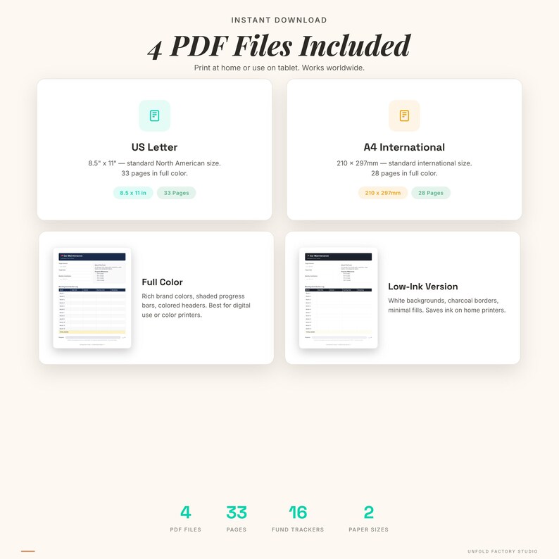 May include: A digital download graphic with the text "4 PDF Files Included." The image shows four rectangular sections with details on US Letter and A4 International sizes, full color and low-ink versions. The image also lists the number of PDF files, pages, fund trackers, and paper sizes.