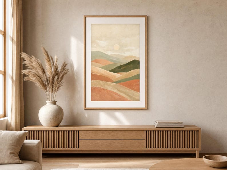 May include: A framed vertical wall art print featuring a landscape illustration of rolling hills in shades of terracotta, sage green, and beige under a pale sun. The artwork is enclosed in a light-toned wooden frame with a white mat border.