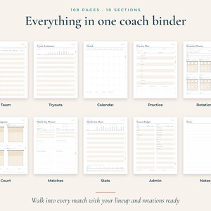 K&ouml;nnte beinhalten: Eine digitale Trainer-Ordner-Vorlage mit 108 Seiten und 10 Abschnitten. Das Layout zeigt zehn verschiedene Planungsbl&auml;tter mit den Bezeichnungen Team, Tryouts, Calendar, Practice, Rotations, Court, Matches, Stats, Admin und Notes. Text: Everything in one coach binder. Walk into every match with your lineup and rotations ready.