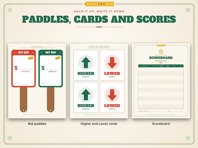 K&ouml;nnte beinhalten: Ein Spielset mit roten und gr&uuml;nen Biet-Paddeln mit Dollarzeichen, vier Karten mit der Aufschrift Higher und Lower mit Richtungspfeilen sowie einem Punkteblatt. Der Text PADDLES, CARDS AND SCORES steht oben auf der cremefarbenen Seite.