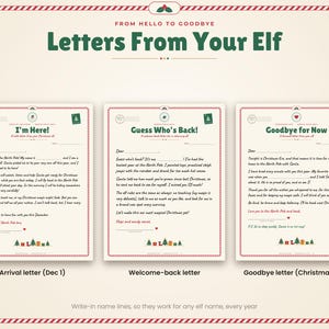 May include: Three printed letters titled Letters From Your Elf, featuring red and green borders. The letters are labeled Arrival letter (Dec 1), Welcome-back letter, and Goodbye letter (Christmas Eve), with blank lines for writing names and dates.