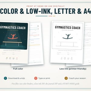 May include: A digital gymnastics coach season binder set featuring full colour and low-ink printer-friendly versions. The cover displays the text GYMNASTICS COACH with a graphic of a gymnast on a balance beam. Includes Letter and A4 formats.