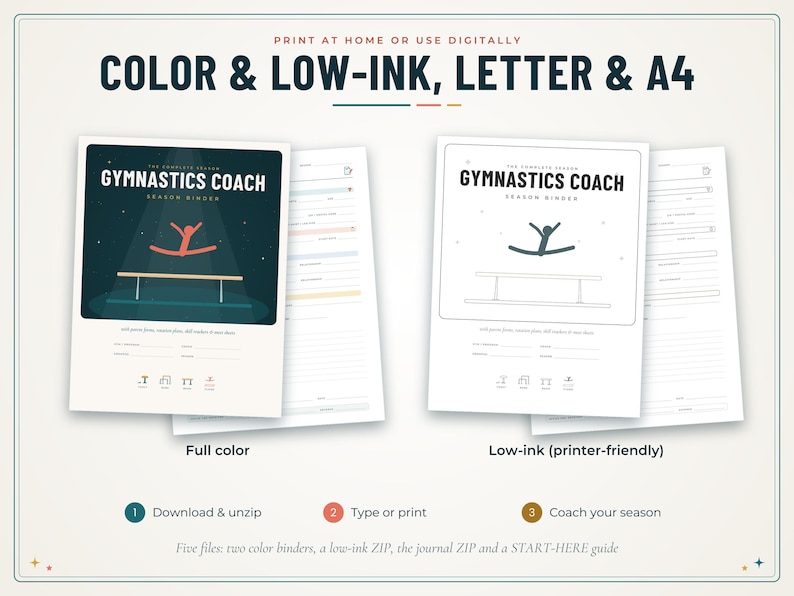 May include: A digital gymnastics coach season binder set featuring full colour and low-ink printer-friendly versions. The cover displays the text GYMNASTICS COACH with a graphic of a gymnast on a balance beam. Includes Letter and A4 formats.