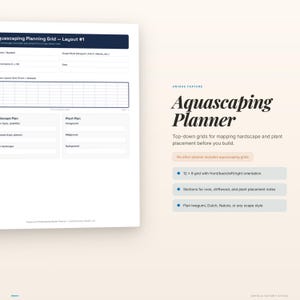 May include: Aquascaping Planner with top-down grids for mapping hardscape and plant placement. Features include a 12 x 8 grid, sections for rock and driftwood, and notes for plant placement. The planner is designed for various scape styles.