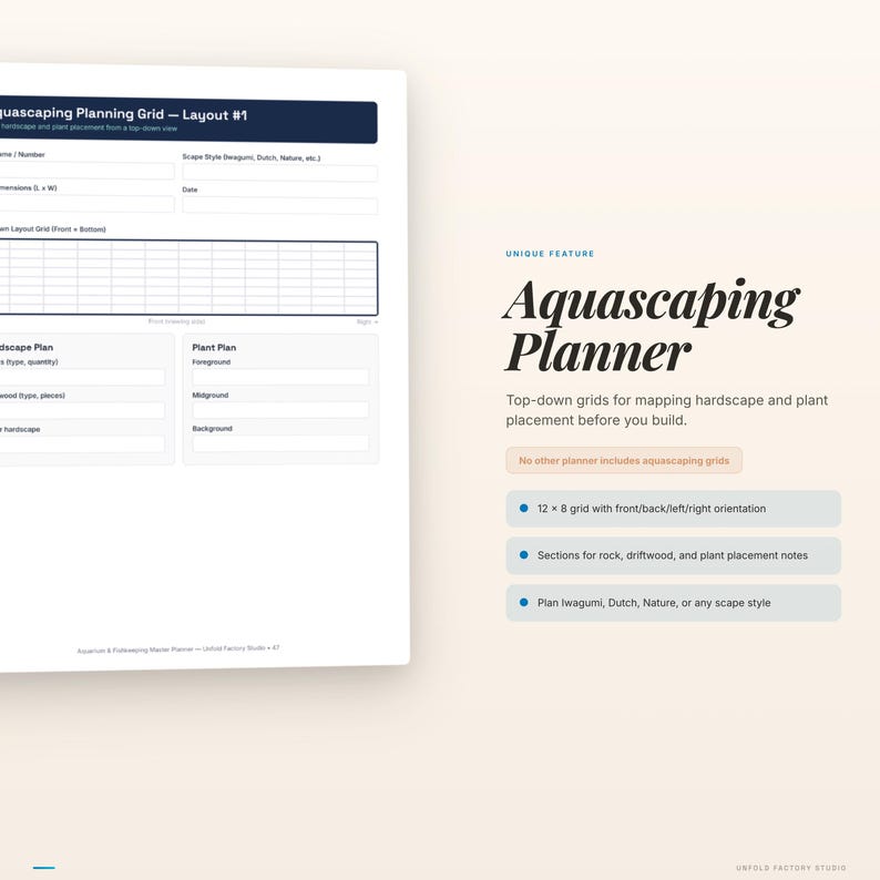 May include: Aquascaping Planner with top-down grids for mapping hardscape and plant placement. Features include a 12 x 8 grid, sections for rock and driftwood, and notes for plant placement. The planner is designed for various scape styles.