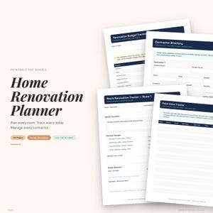 May include: A printable PDF bundle titled "Home Renovation Planner." The image shows several sheets with forms for tracking renovation budgets, contractor details, room renovations, and paint colors. The planner includes 84 pages and is available for instant download.