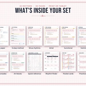 May include: A 30-page ECG study set featuring 22 rhythms, titled WHAT'S INSIDE YOUR SET. Includes pages for ECG paper, 5-step method, sinus rhythms, atrial, junctional, ventricular, VT and torsades, AV blocks, quick reference, rhythm finder, pocket cards, and practice strips.