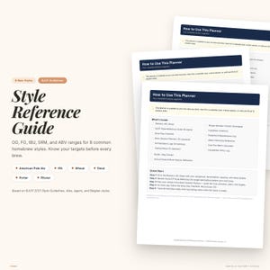 Peut inclure: Un document blanc intitul&eacute; "Style Reference Guide" avec du texte sur les styles et les directives de la bi&egrave;re. Le guide r&eacute;pertorie les plages OG, FG, IBU, SRM et ABV pour 8 styles de brassage amateur. D'autres documents intitul&eacute;s "How to Use This Planner" sont &eacute;galement visibles.